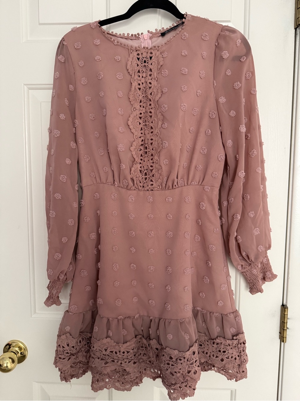 Simple Dusty Rose Long-Sleeve Lace Detail Dress
